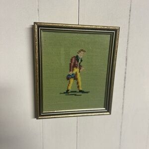 Vintage Framed Needlepoint Art with Man in Red and Yellow